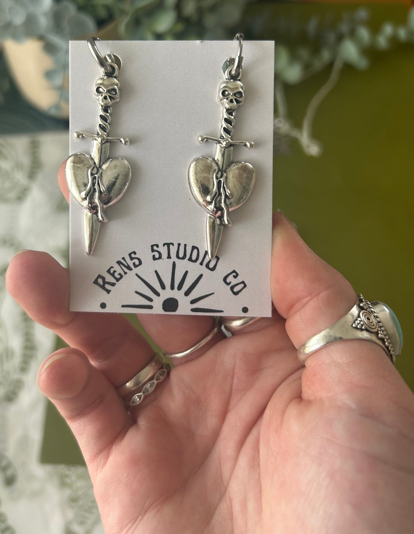 skull heart dagger earrings