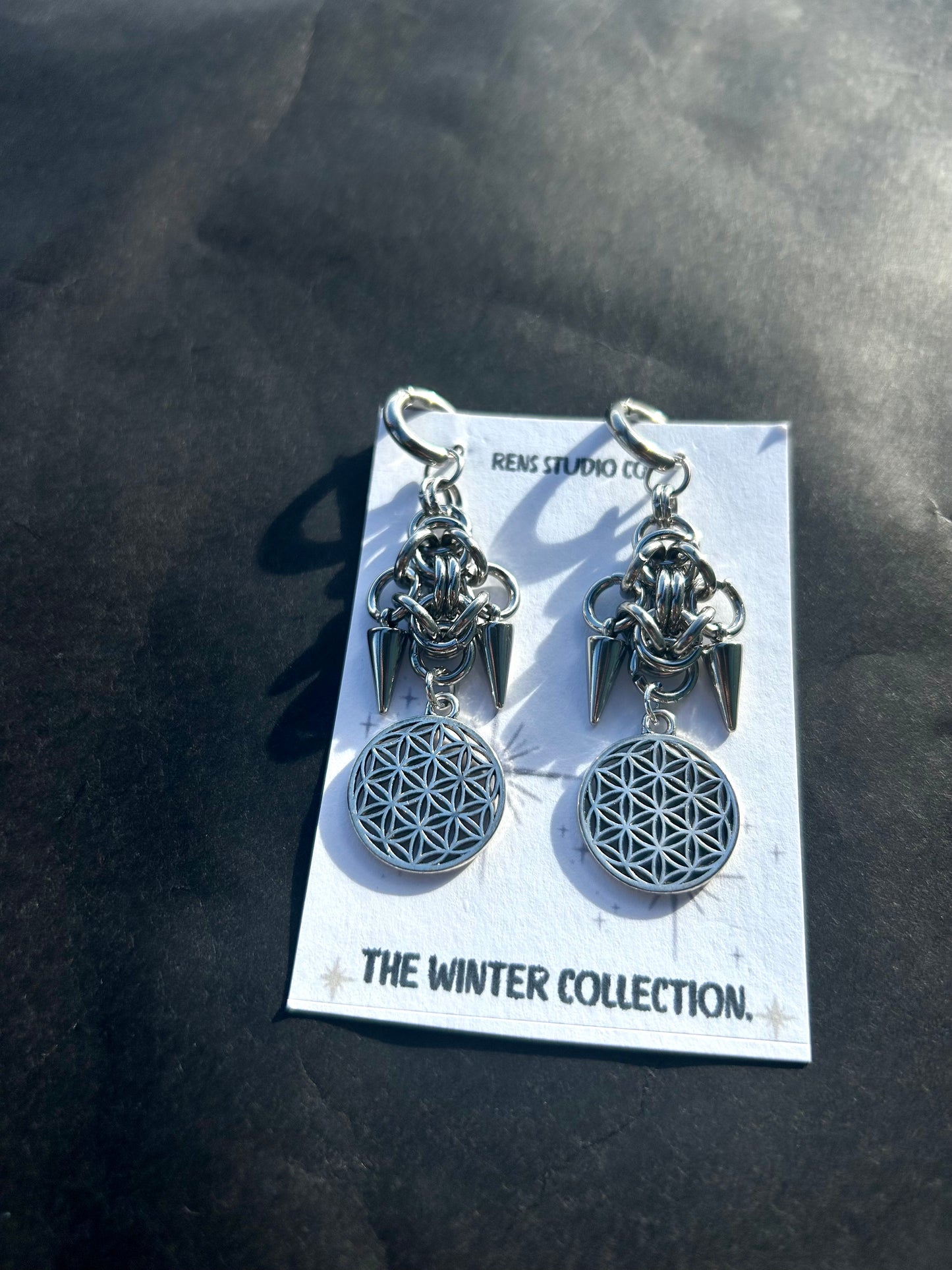 Flower of life chain mail earrings.