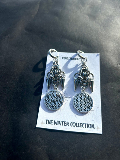 Flower of life chain mail earrings.