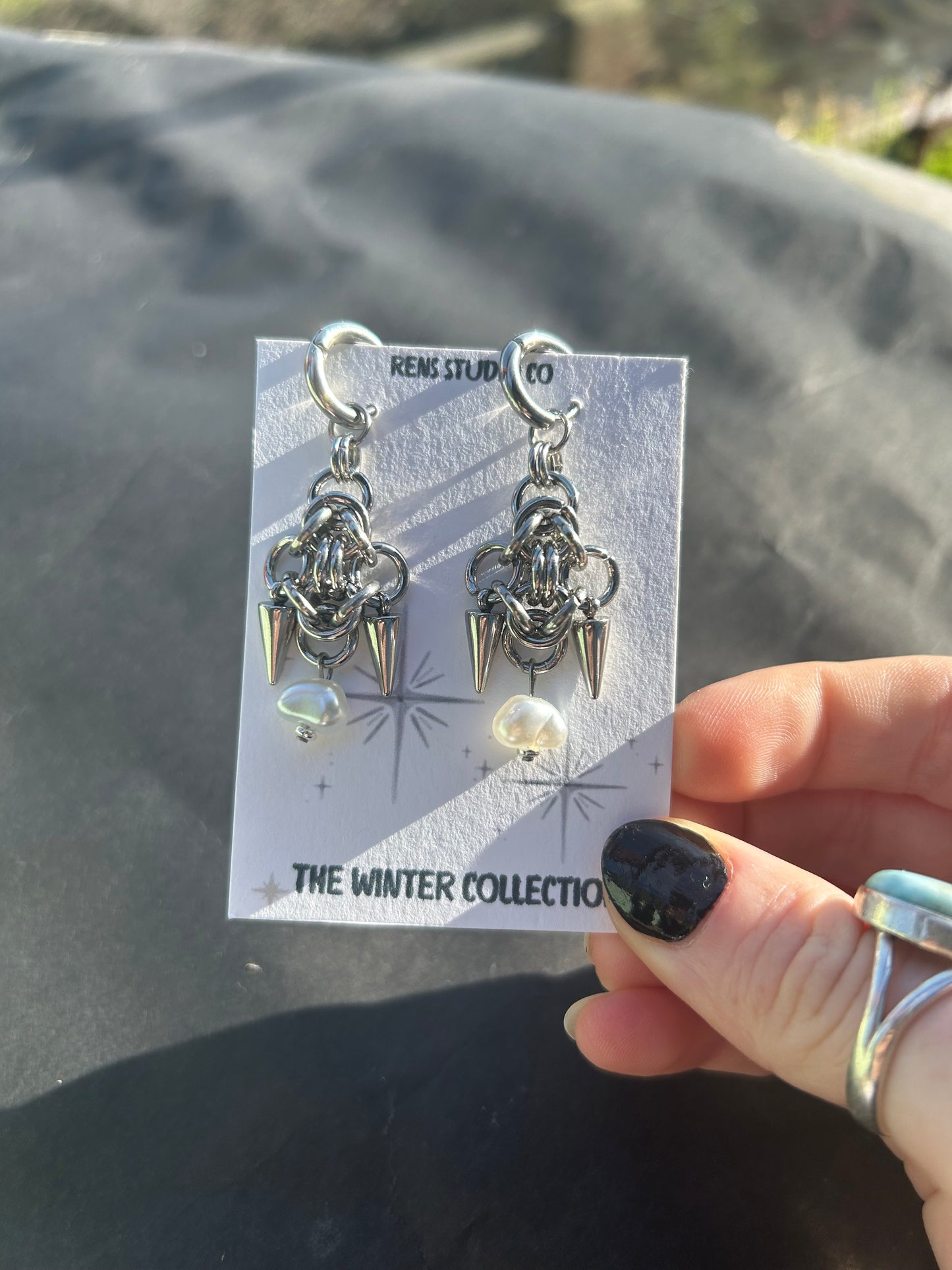 pearl chain mail earrings.
