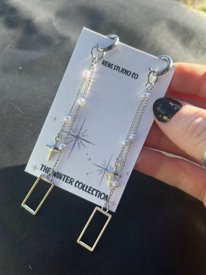 Hanging box pearl hoop earrings
