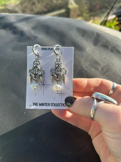 pearl chain mail earrings.
