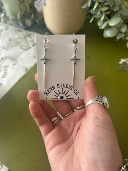 large sword earrings | dagger silver hoop earrings