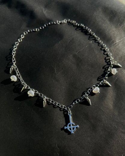 spiked pearl crucifix necklace
