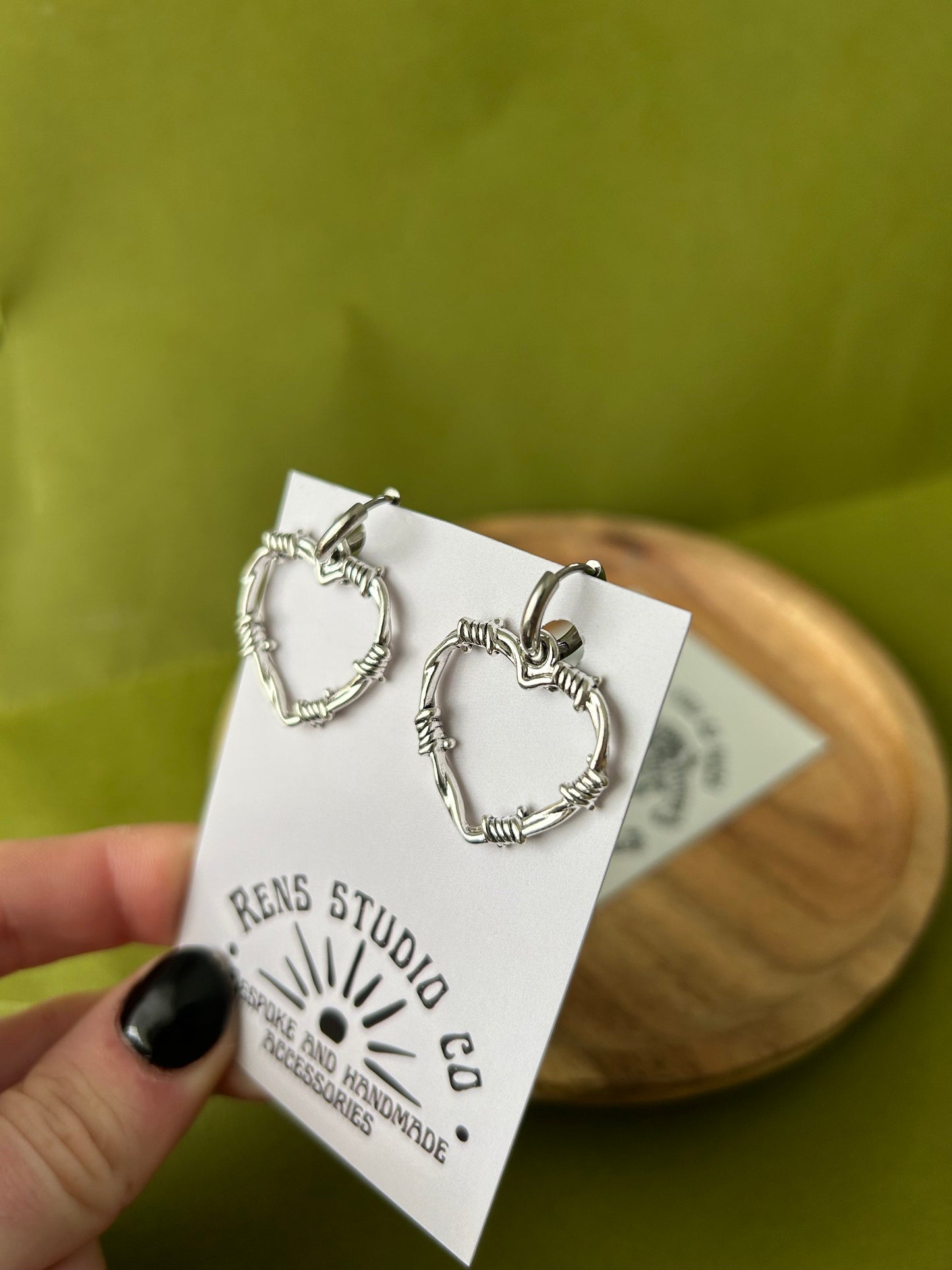 barbed wire heart earrings | silver hoops