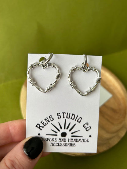 barbed wire heart earrings | silver hoops