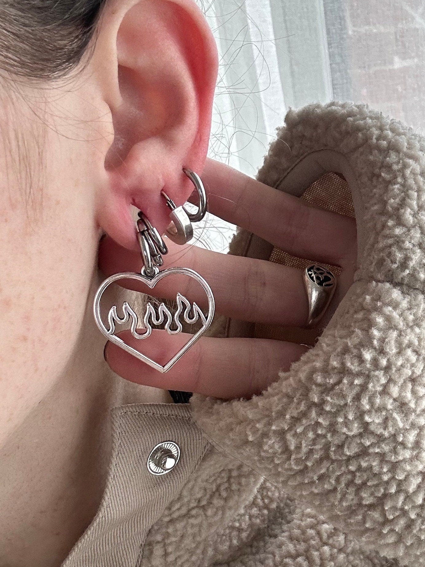 Flaming heart earrings | silver hoop earrings