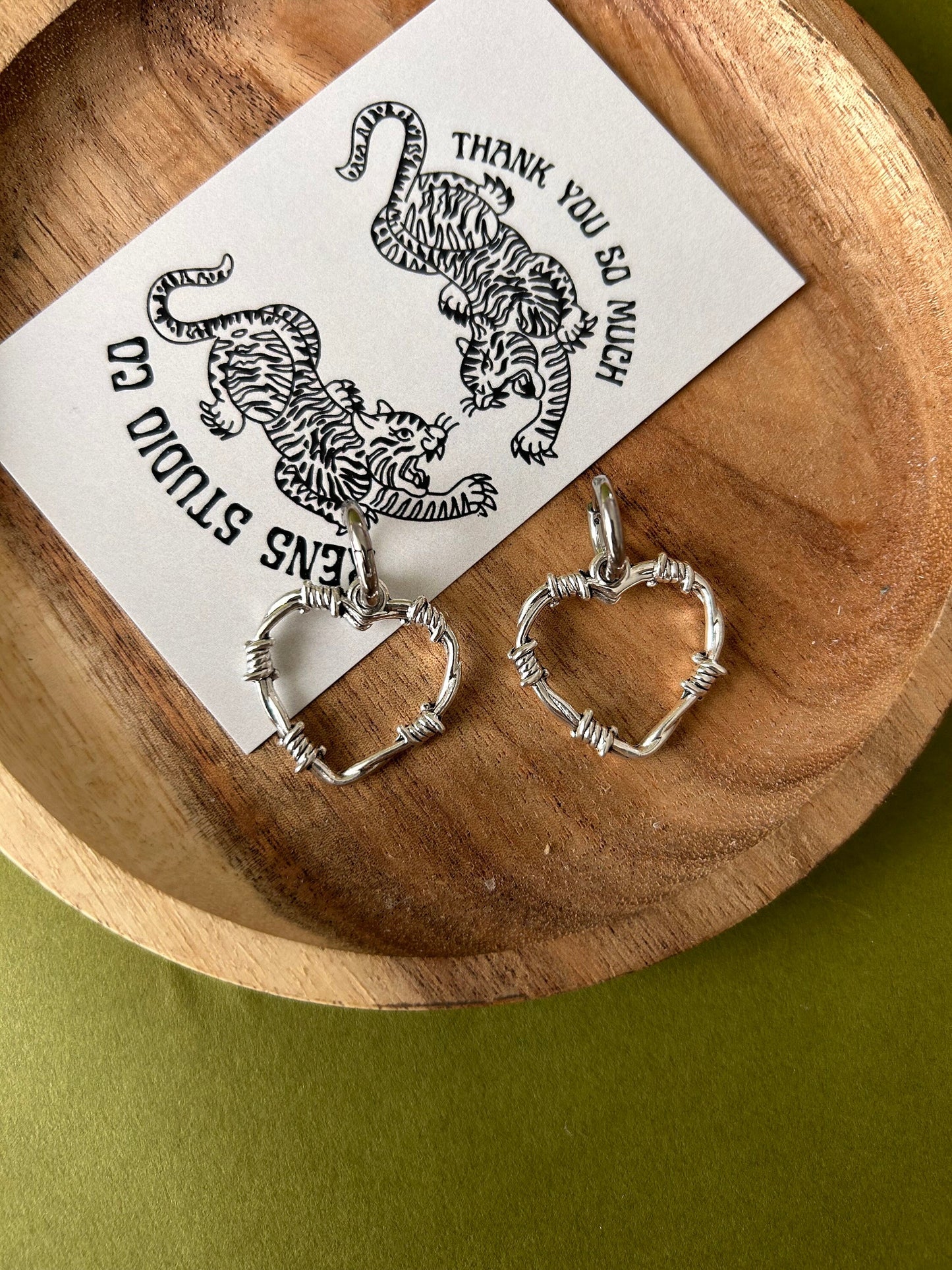 barbed wire heart earrings | silver hoops