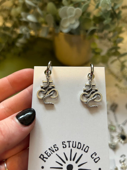 Cross and snake earrings | silver hoop earrings