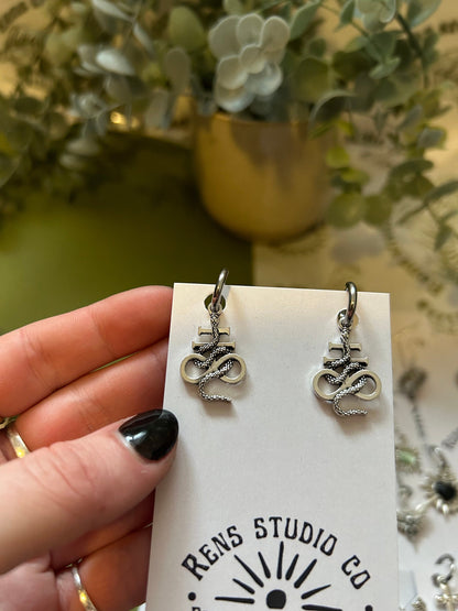 Cross and snake earrings | silver hoop earrings