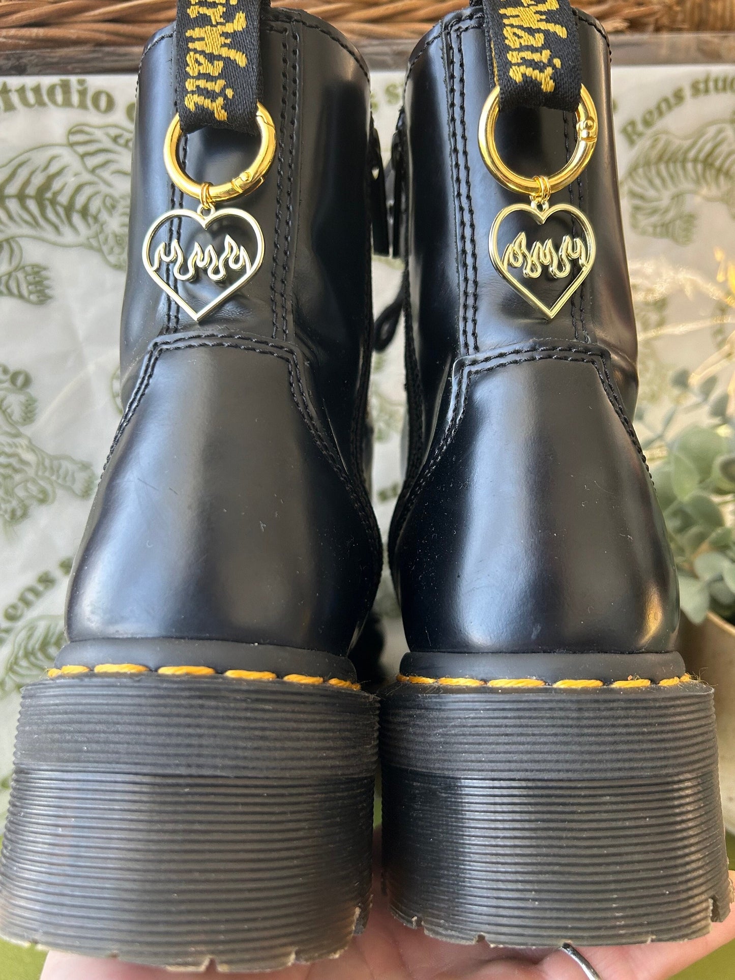 Gold flaming heart boot charms