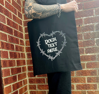 Custom barbed wire heart tote bag